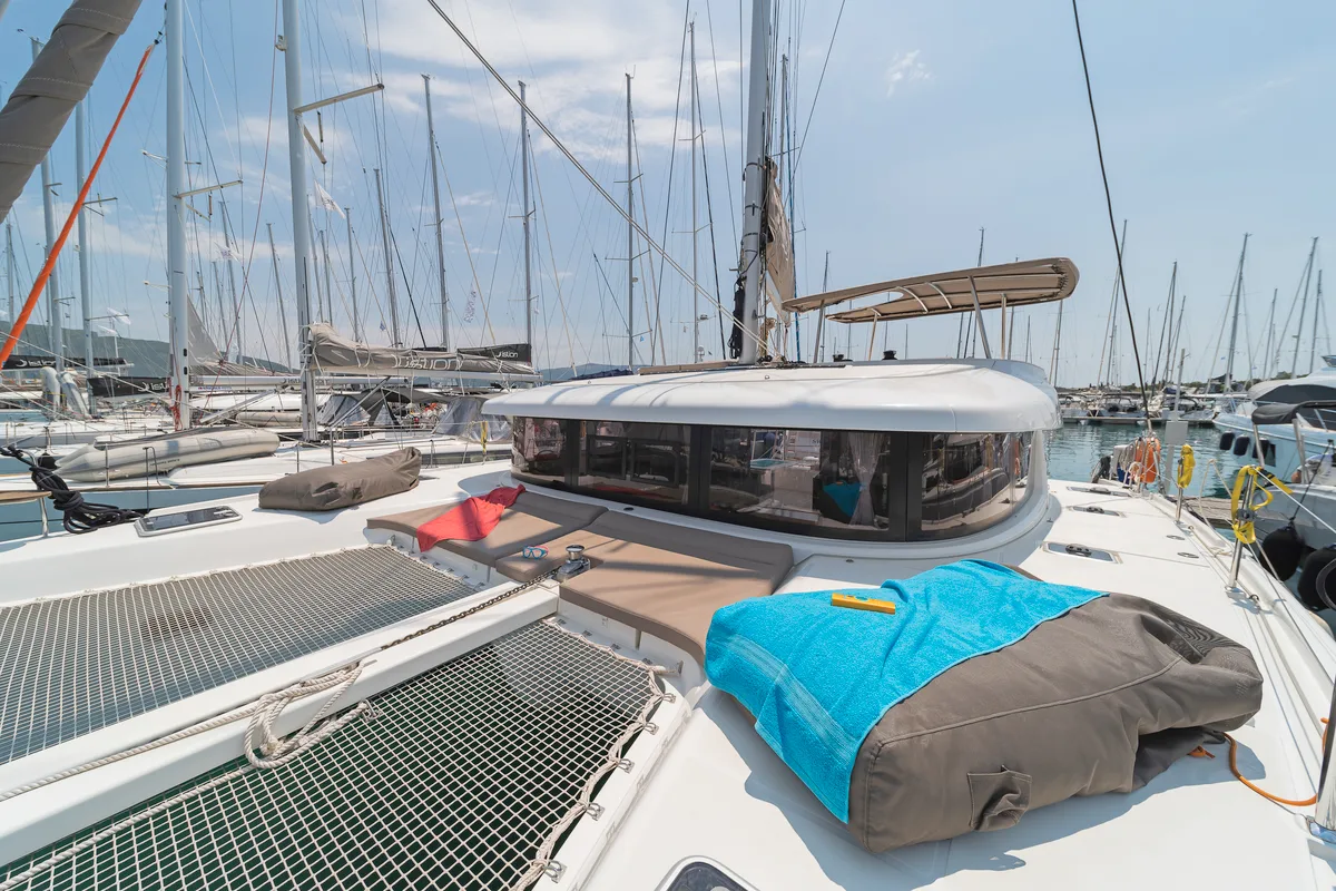 Deck of Pulsar, a Lagoon 42 catamaran at Municipal Unit of Lefkada, Greece