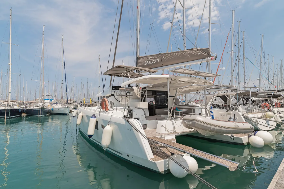 Exterior view of Pulsar, a Lagoon 42 catamaran at Municipal Unit of Lefkada, Greece