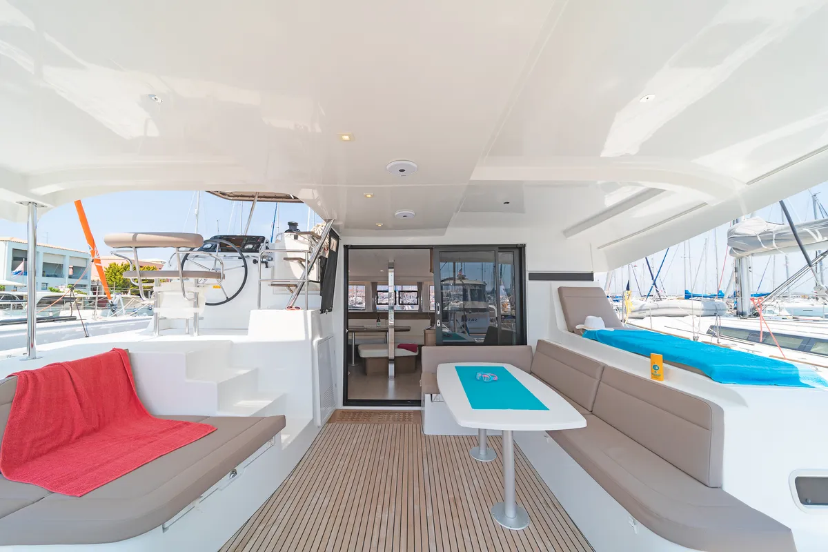 Deck of Pulsar, a Lagoon 42 catamaran at Municipal Unit of Lefkada, Greece
