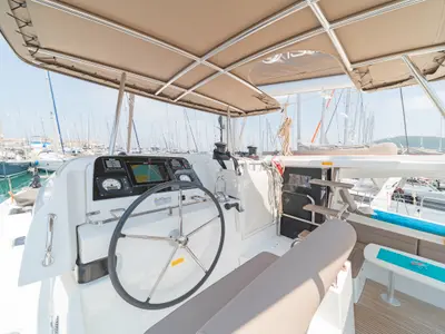 Cockpit of Pulsar, a Lagoon 42 catamaran at Municipal Unit of Lefkada, Greece