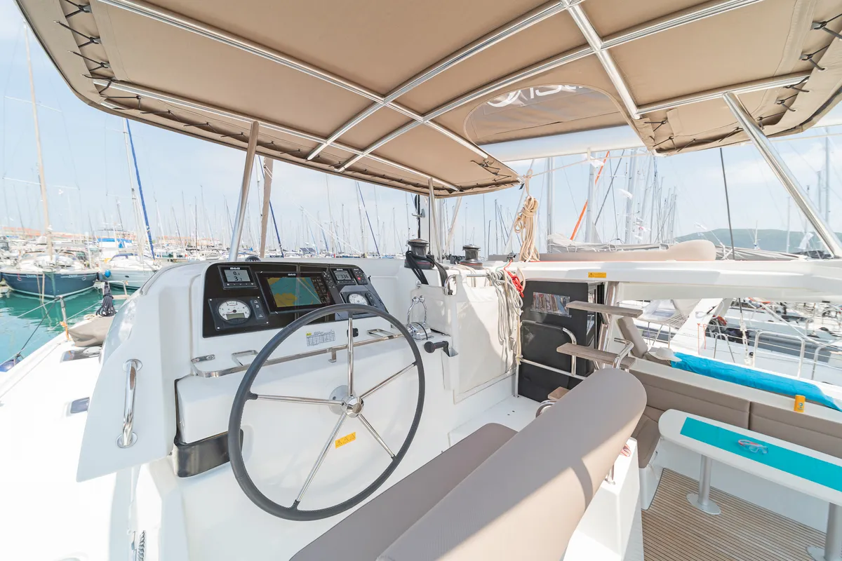 Cockpit of Pulsar, a Lagoon 42 catamaran at Municipal Unit of Lefkada, Greece