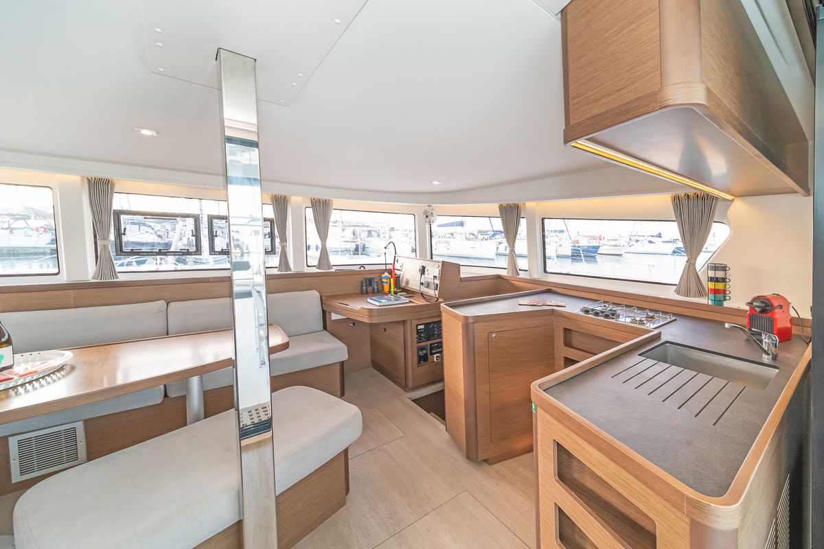 Salon of Pulsar, a Lagoon 42 catamaran at Municipal Unit of Lefkada, Greece