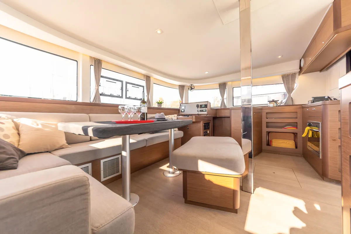 Salon of Pulsar, a Lagoon 42 catamaran at Municipal Unit of Lefkada, Greece