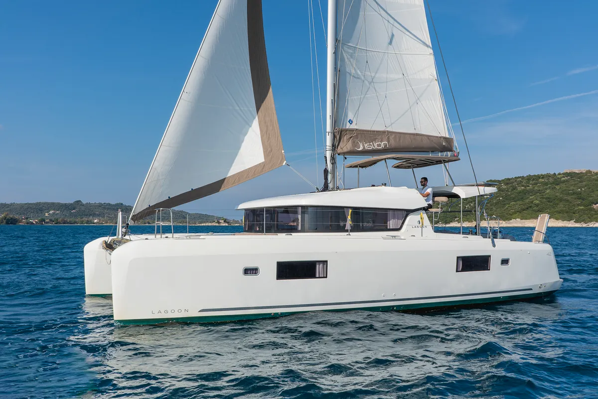 Exterior view of Pulsar, a Lagoon 42 catamaran at Municipal Unit of Lefkada, Greece