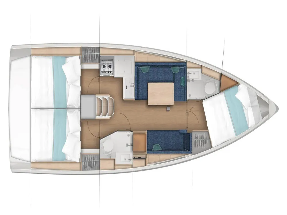 Floor plan of Šinki Jr, a Jeanneau Sun Odyssey 380 sailboat at Općina Sukošan, Croatia