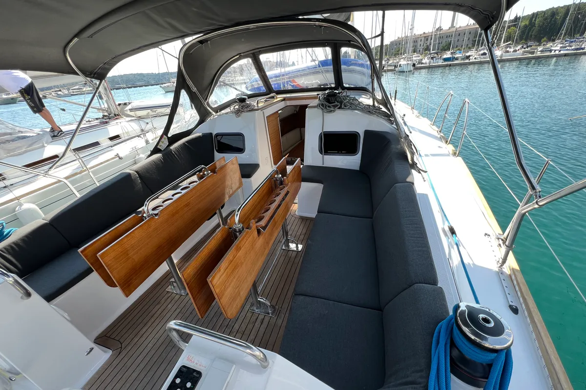Cockpit of VIKI, a Elan Impression 45.1 sailboat at Pula, Croatia