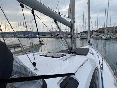 Deck of VIKI, a Elan Impression 45.1 sailboat at Pula, Croatia