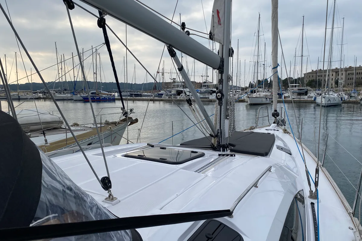 Deck of VIKI, a Elan Impression 45.1 sailboat at Pula, Croatia