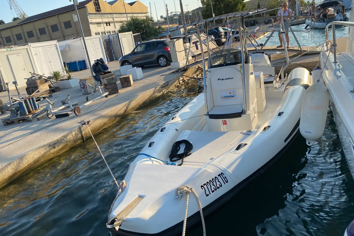 Exterior view of Falkor, a Falkor 22 motorboat at Grad Trogir, Croatia