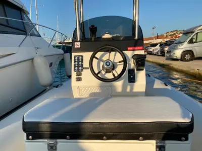 Cockpit of Falkor, a Falkor 22 motorboat at Grad Trogir, Croatia