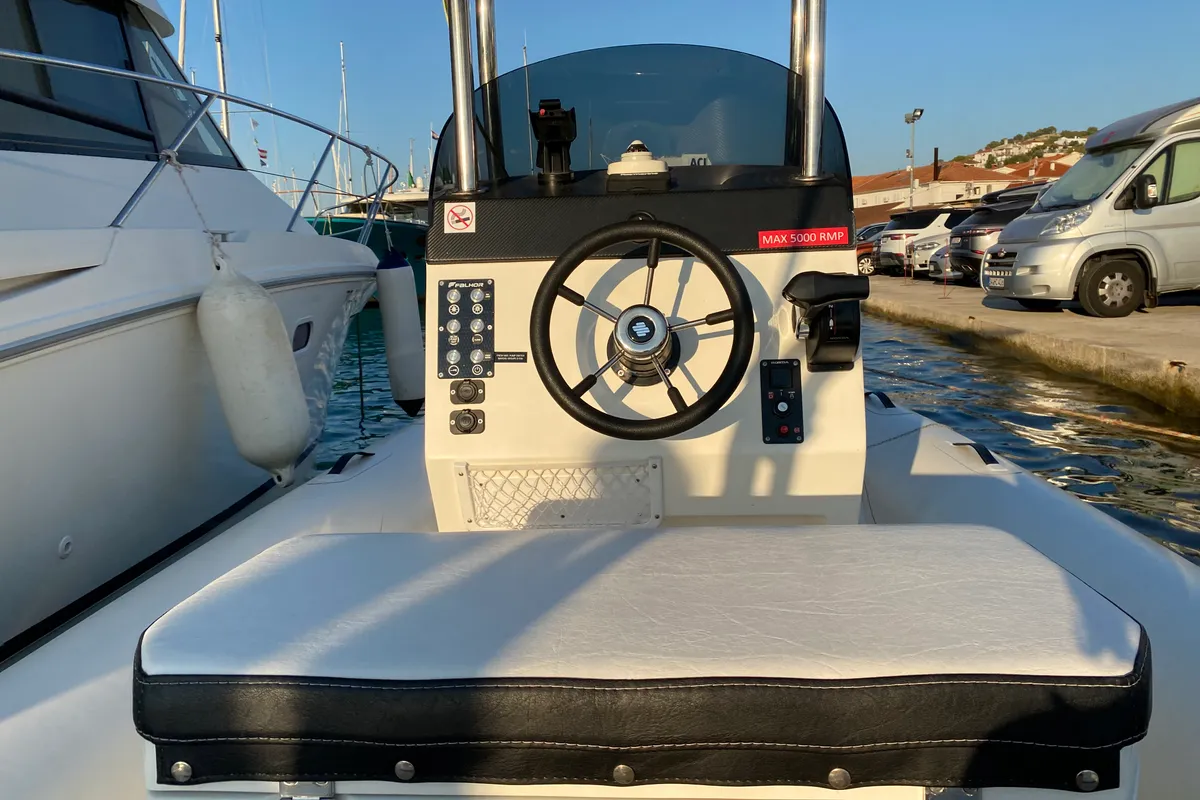 Cockpit of Falkor, a Falkor 22 motorboat at Grad Trogir, Croatia