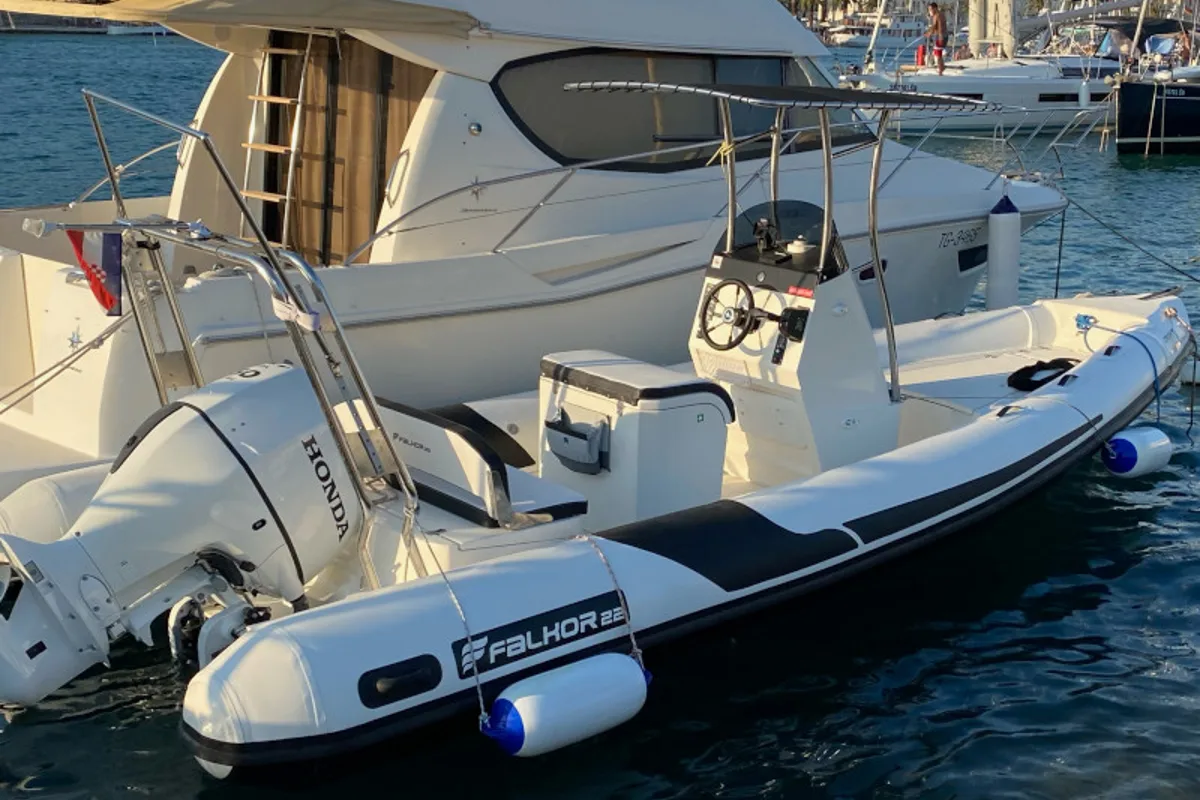 Exterior view of Falkor, a Falkor 22 motorboat at Grad Trogir, Croatia