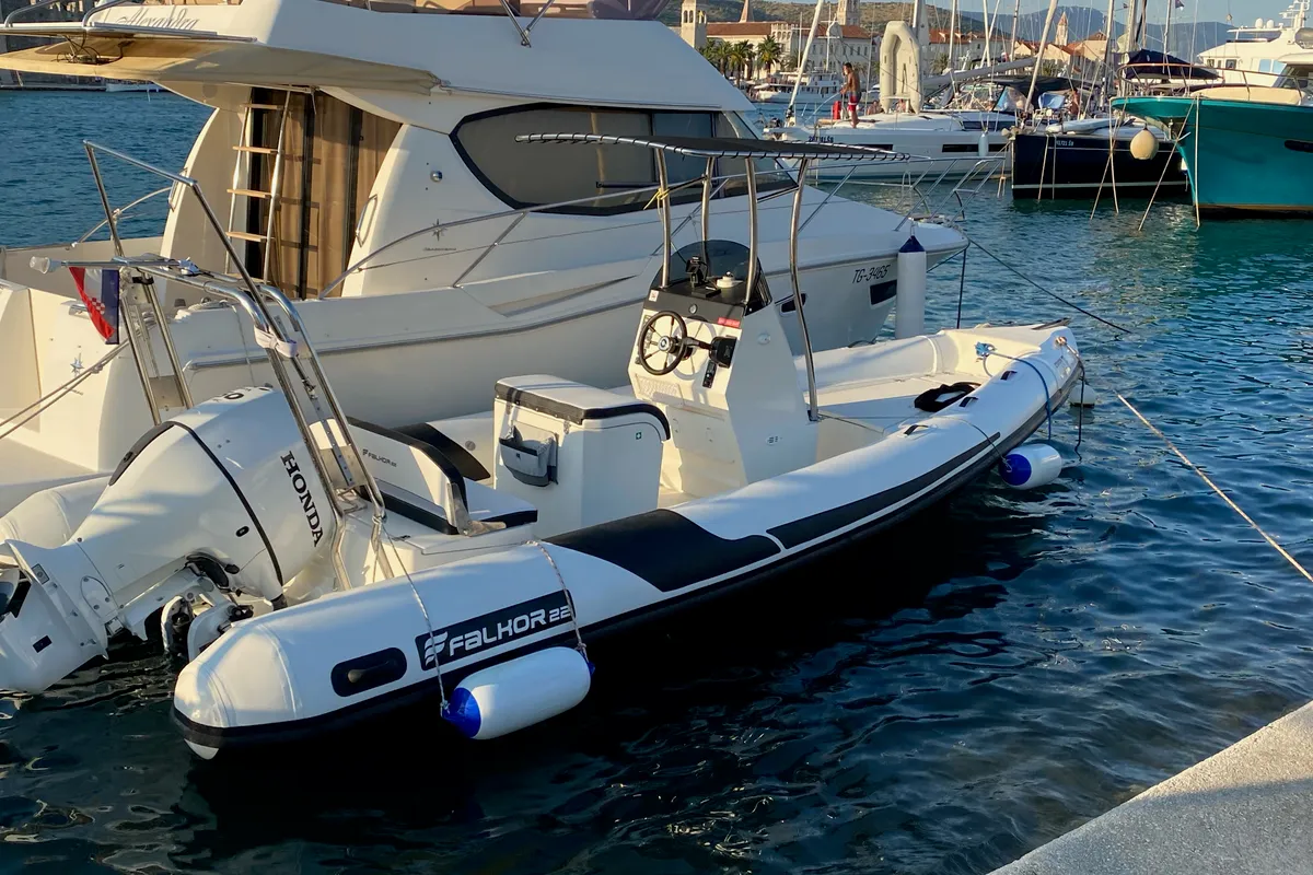 Exterior view of Falkor, a Falkor 22 motorboat at Grad Trogir, Croatia