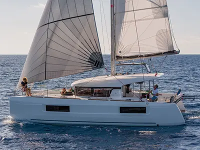 Exterior view of Monarch, a Lagoon 40 catamaran at Primošten, Croatia