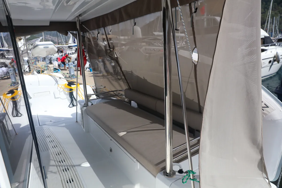 Deck of Zephyr, a Bali 4.2 catamaran at Marmaris, Turkey