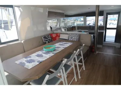 Salon of Zephyr, a Bali 4.2 catamaran at Marmaris, Turkey