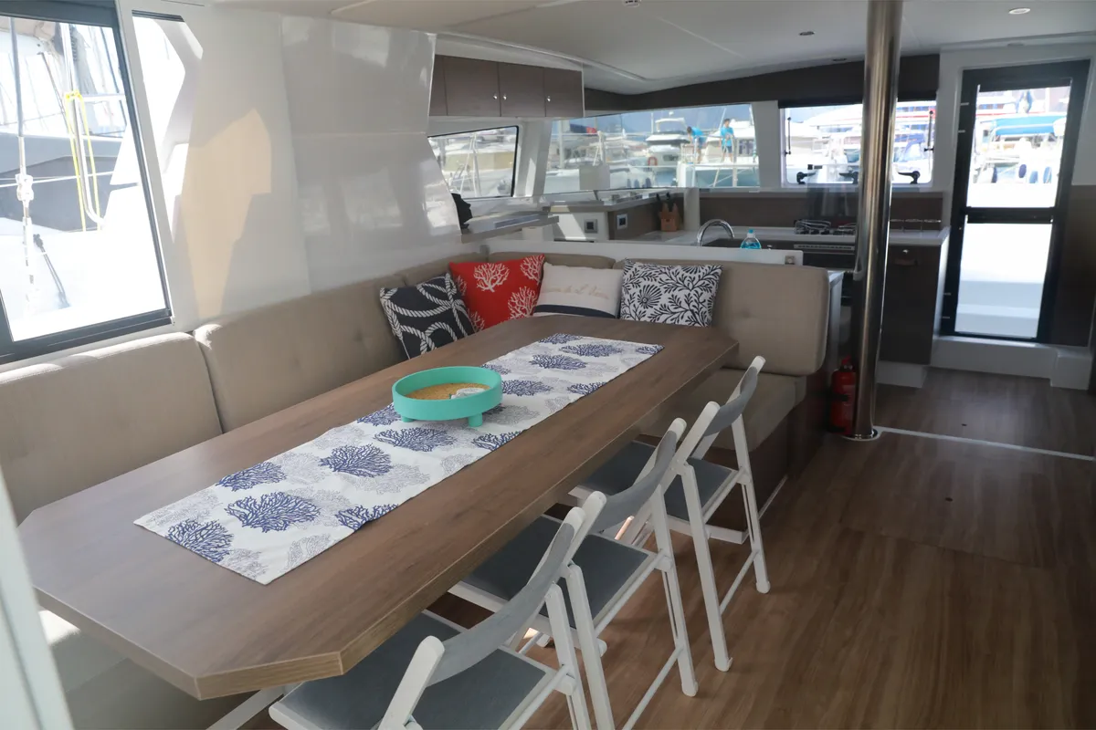 Salon of Zephyr, a Bali 4.2 catamaran at Marmaris, Turkey