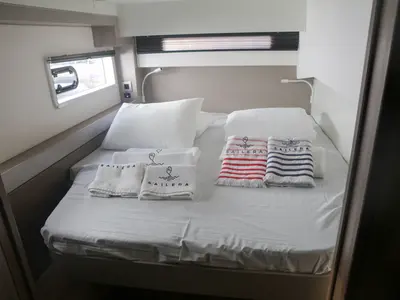 Cabin on Zephyr, a Bali 4.2 catamaran at Marmaris, Turkey