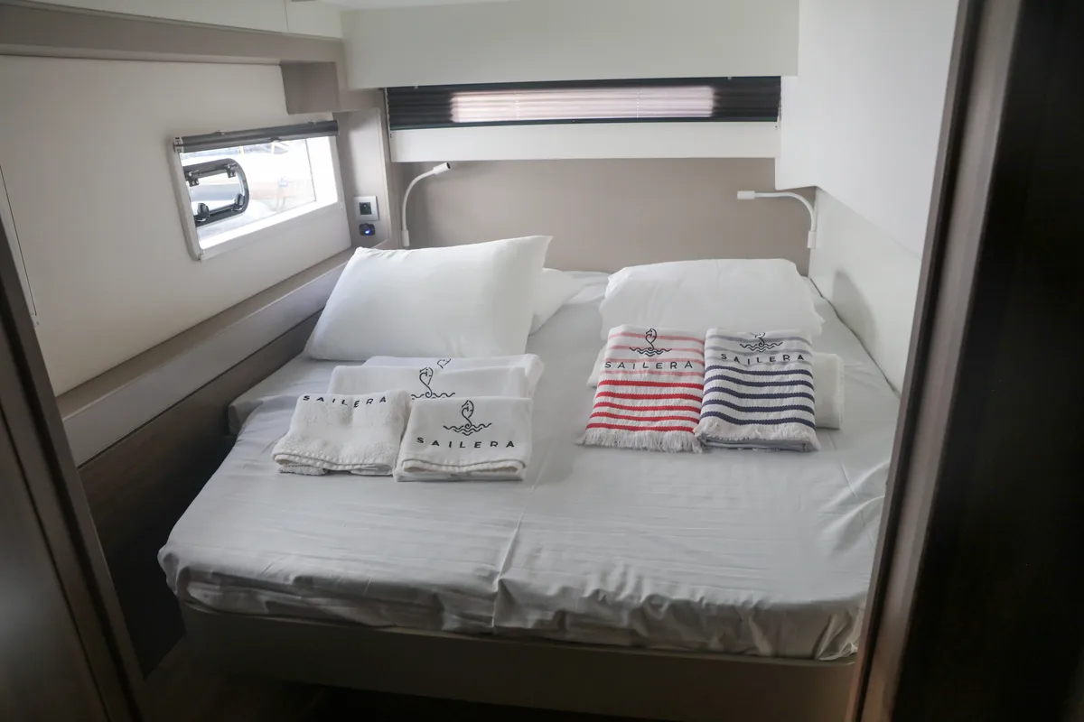 Cabin on Zephyr, a Bali 4.2 catamaran at Marmaris, Turkey
