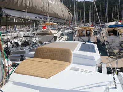 Cockpit of Zephyr, a Bali 4.2 catamaran at Marmaris, Turkey