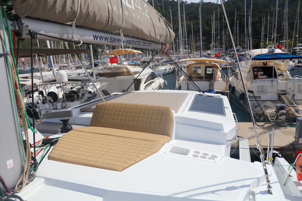 Cockpit of Zephyr, a Bali 4.2 catamaran at Marmaris, Turkey