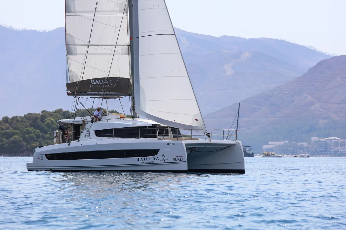 Exterior view of Zephyr, a Bali 4.2 catamaran at Marmaris, Turkey