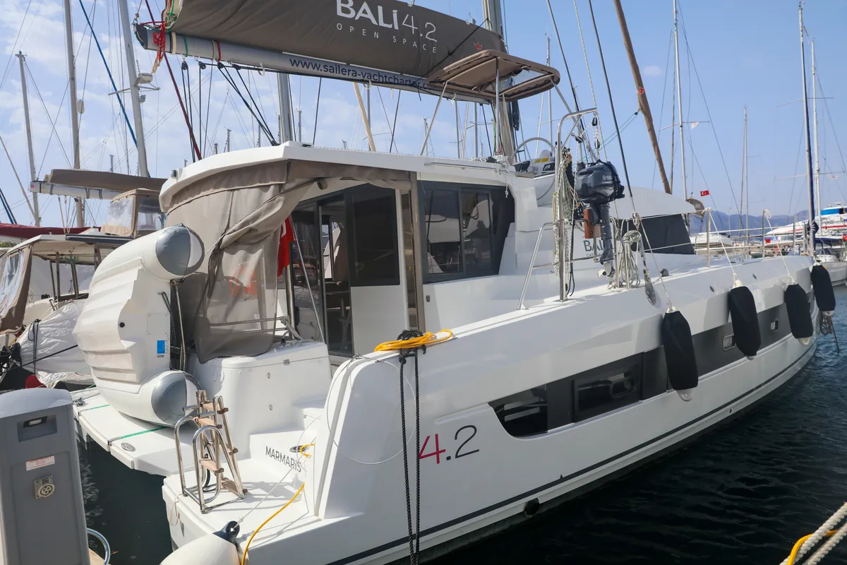 Exterior view of Zephyr, a Bali 4.2 catamaran at Marmaris, Turkey