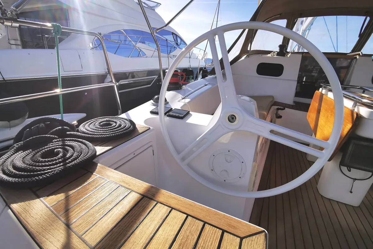 Cockpit of Baby Boo, a Elan Impression 45 sailboat at Novi Vinodolski, Croatia