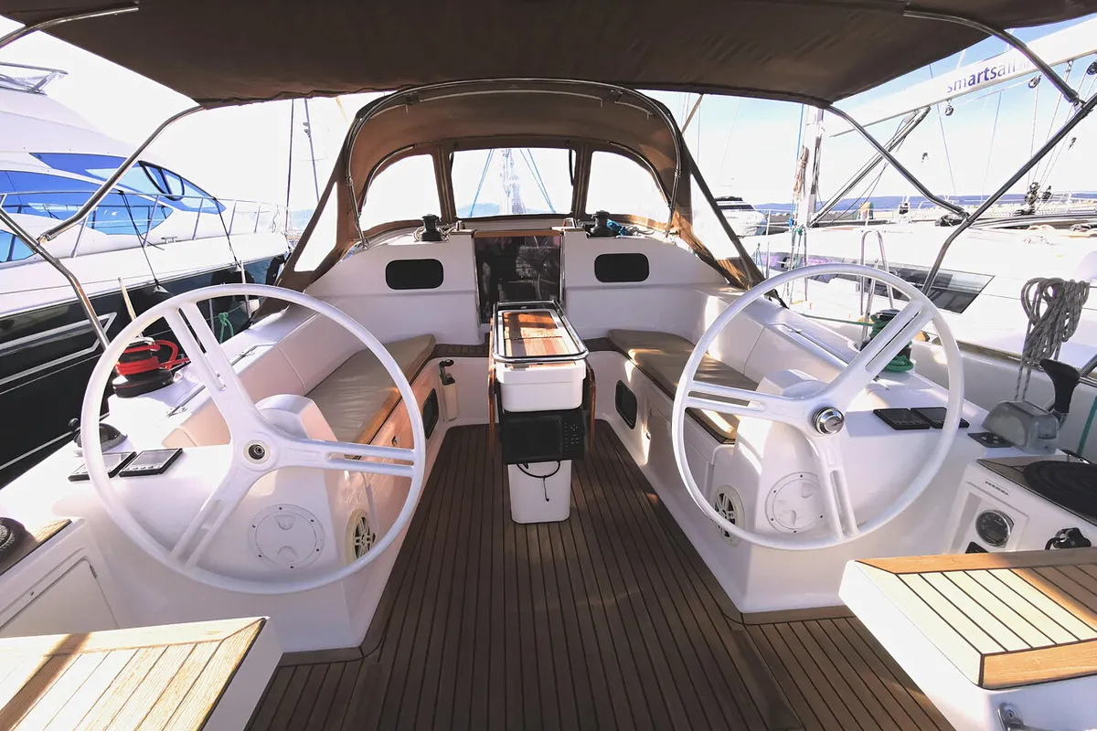 Cockpit of Baby Boo, a Elan Impression 45 sailboat at Novi Vinodolski, Croatia