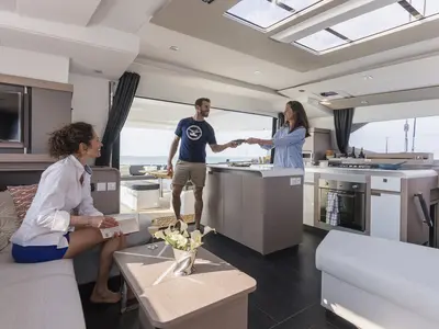Salon of Panthours, a Fountaine Pajot Aura 51 catamaran at Ventimiglia, Italy