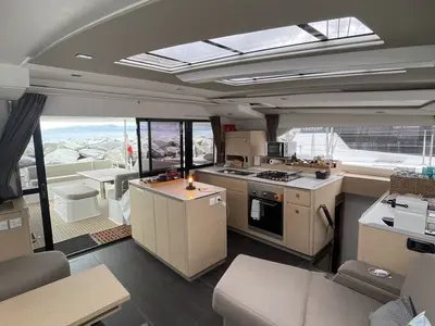 Galley of Panthours, a Fountaine Pajot Aura 51 catamaran at Ventimiglia, Italy