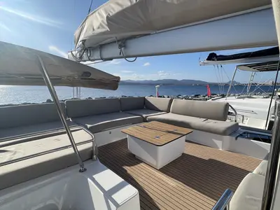 Panthours, a Fountaine Pajot Aura 51 catamaran at Ventimiglia, Italy