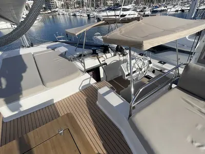 Cockpit of Panthours, a Fountaine Pajot Aura 51 catamaran at Ventimiglia, Italy