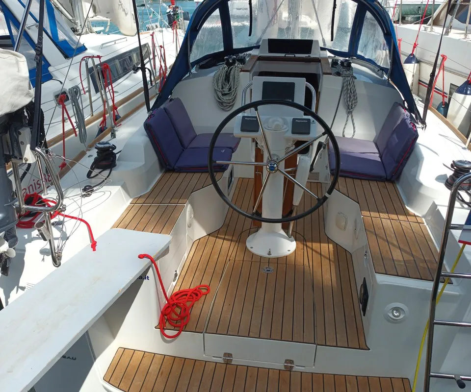 Cockpit of Pupatella, a Jeanneau Sun Odyssey 319 sailboat at Tonnarella, Italy