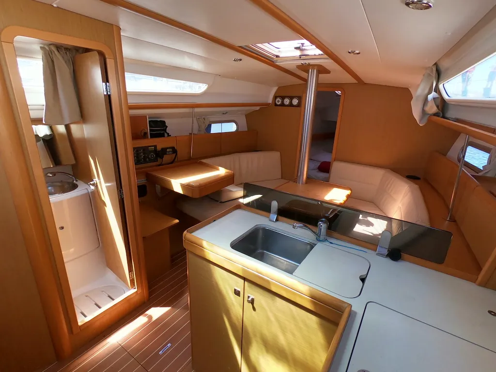 Galley of Bliksem, a Jeanneau Sun Odyssey 36i Performance sailboat at Olbia, Italy