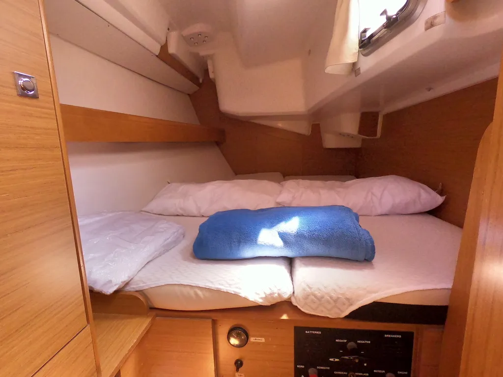 Cabin on Bliksem, a Jeanneau Sun Odyssey 36i Performance sailboat at Olbia, Italy