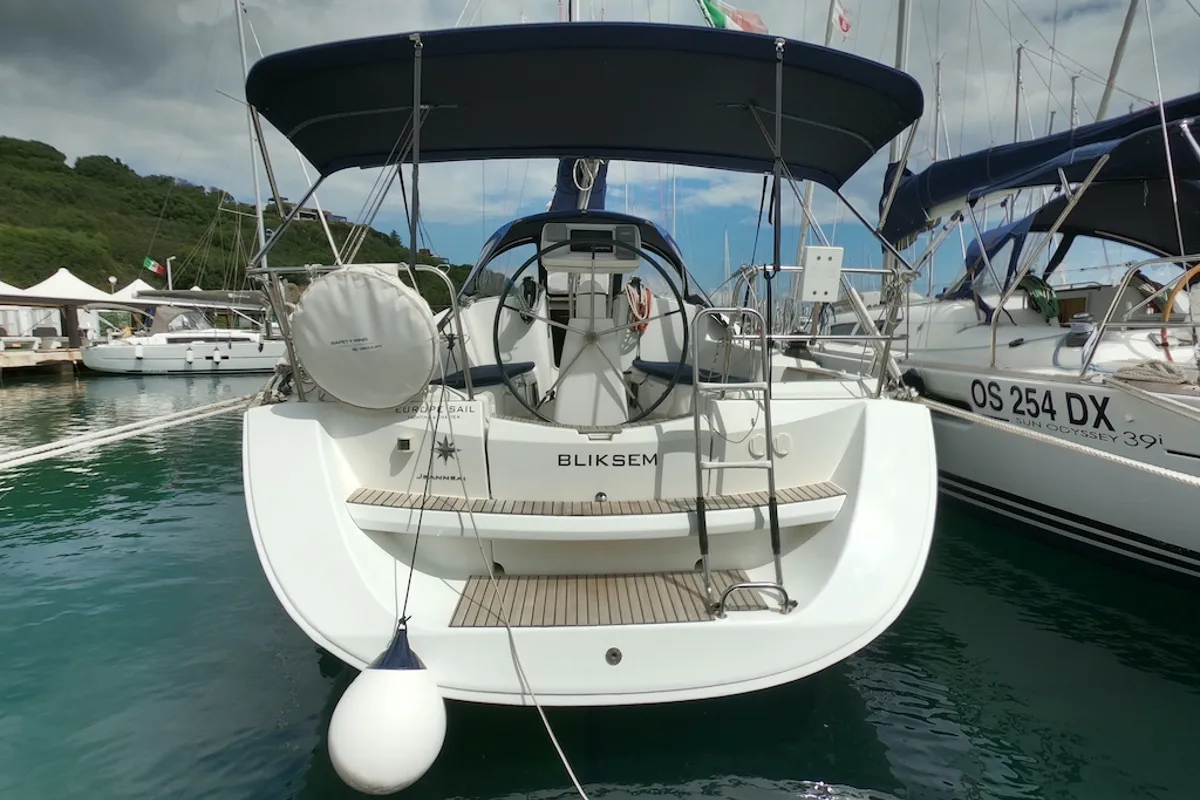 Exterior view of Bliksem, a Jeanneau Sun Odyssey 36i Performance sailboat at Olbia, Italy