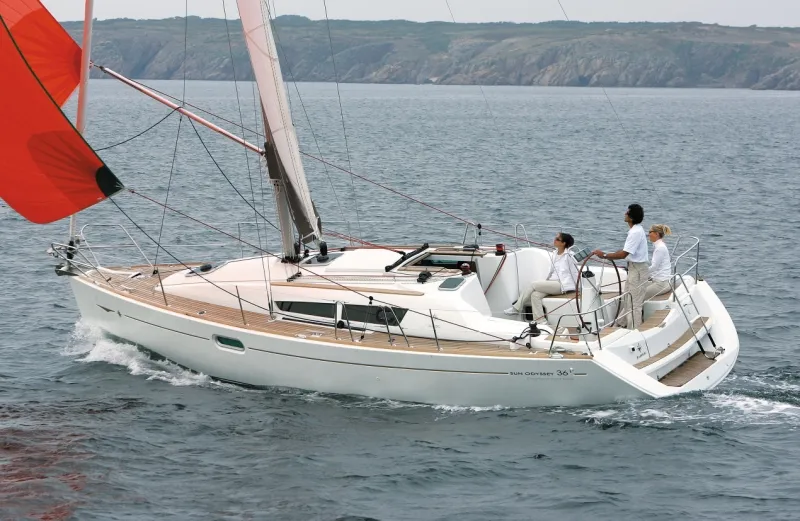 Exterior view of Bliksem, a Jeanneau Sun Odyssey 36i Performance sailboat at Olbia, Italy