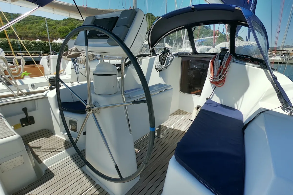 Deck of Bliksem, a Jeanneau Sun Odyssey 36i Performance sailboat at Olbia, Italy