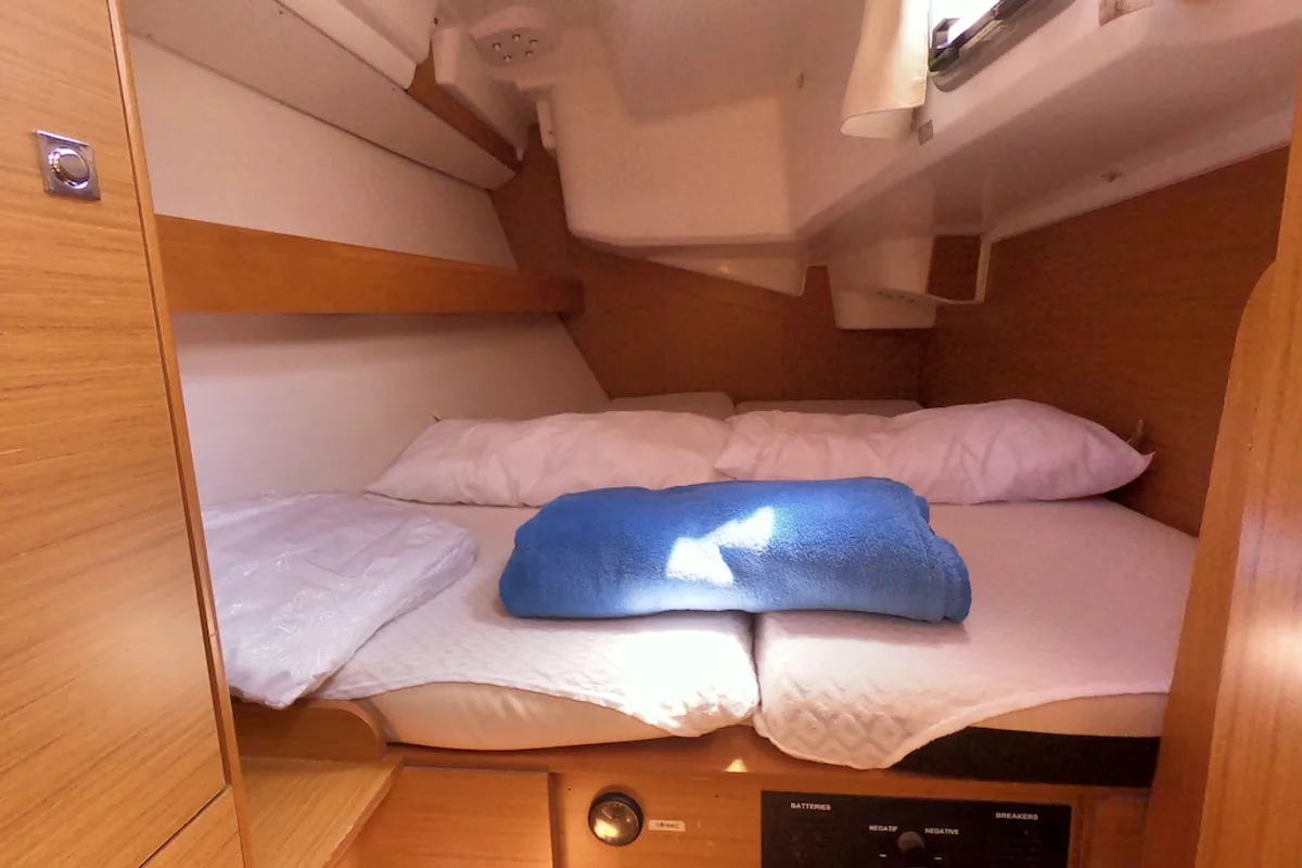 Cabin on Bliksem, a Jeanneau Sun Odyssey 36i Performance sailboat at Olbia, Italy