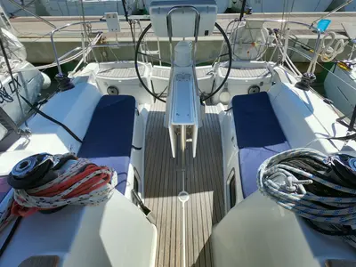 Deck of Bliksem, a Jeanneau Sun Odyssey 36i Performance sailboat at Olbia, Italy