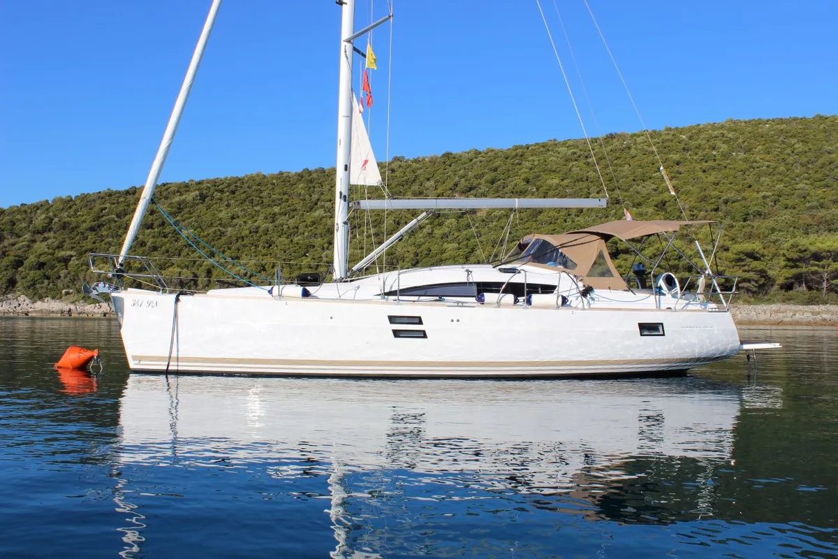 Exterior view of Desideria, a Elan Impression 40 sailboat at Punat, Croatia