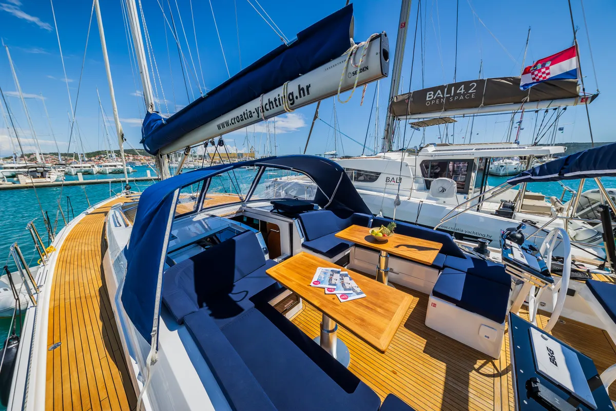 Deck of Whistler, a Hanse 460 sailboat at Seget Donji, Croatia