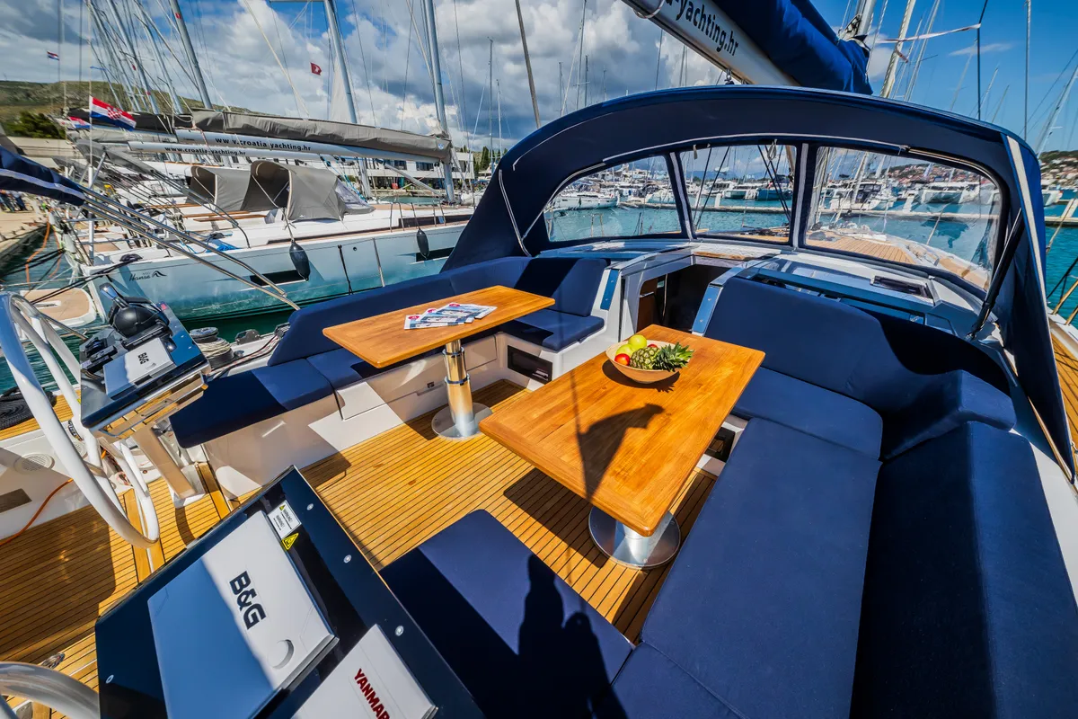 Deck of Whistler, a Hanse 460 sailboat at Seget Donji, Croatia