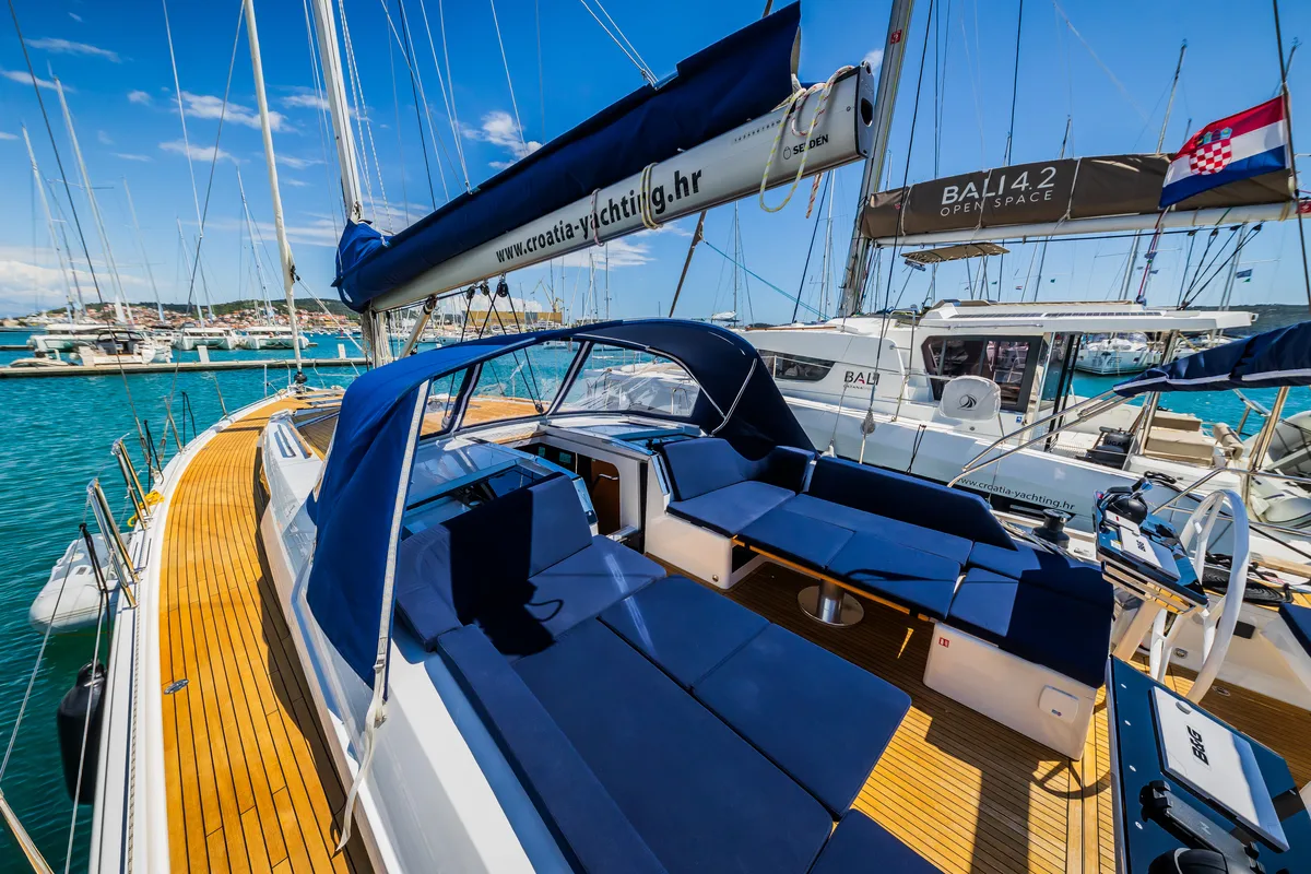 Deck of Whistler, a Hanse 460 sailboat at Seget Donji, Croatia