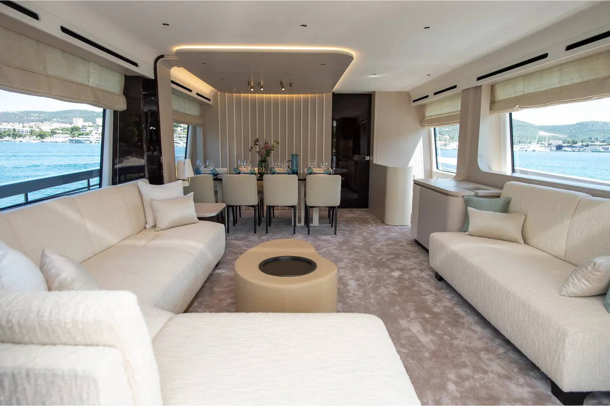 Salon of PREWI, a Azimut 78 Fly motor yacht at Grad Šibenik, Croatia