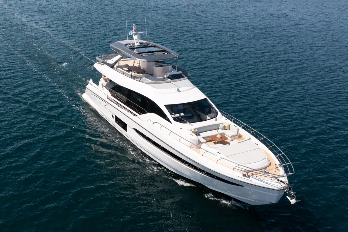 Deck of PREWI, a Azimut 78 Fly motor yacht at Grad Šibenik, Croatia