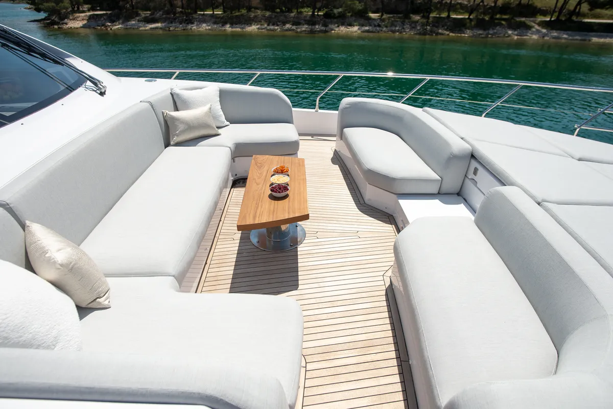 Deck of PREWI, a Azimut 78 Fly motor yacht at Grad Šibenik, Croatia