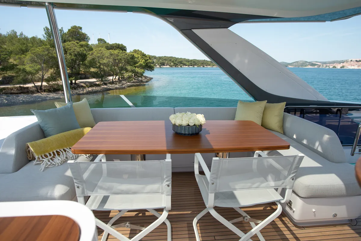Deck of PREWI, a Azimut 78 Fly motor yacht at Grad Šibenik, Croatia