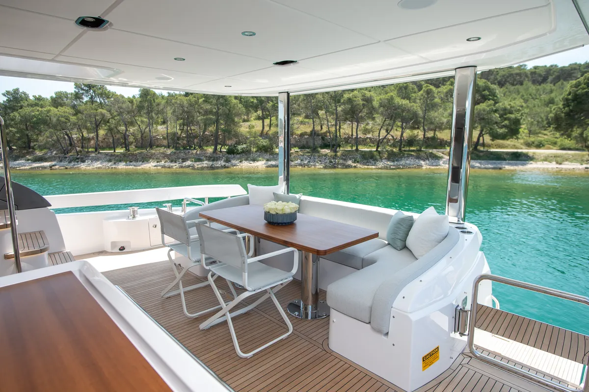Deck of PREWI, a Azimut 78 Fly motor yacht at Grad Šibenik, Croatia